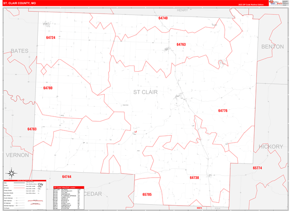 St. Clair County, MO Wall Map Red Line Style